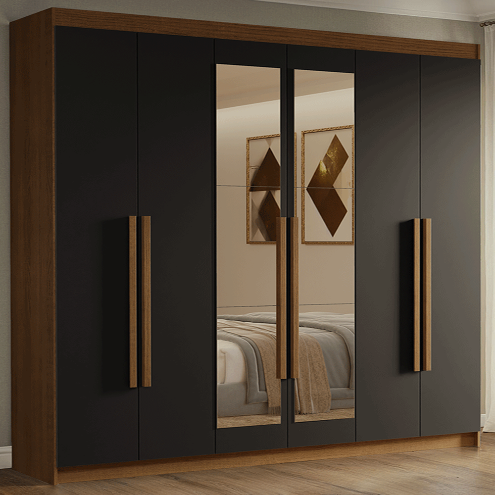 Guarda-Roupa Casal 6 Portas Batentes com Espelho Rustic/Preto