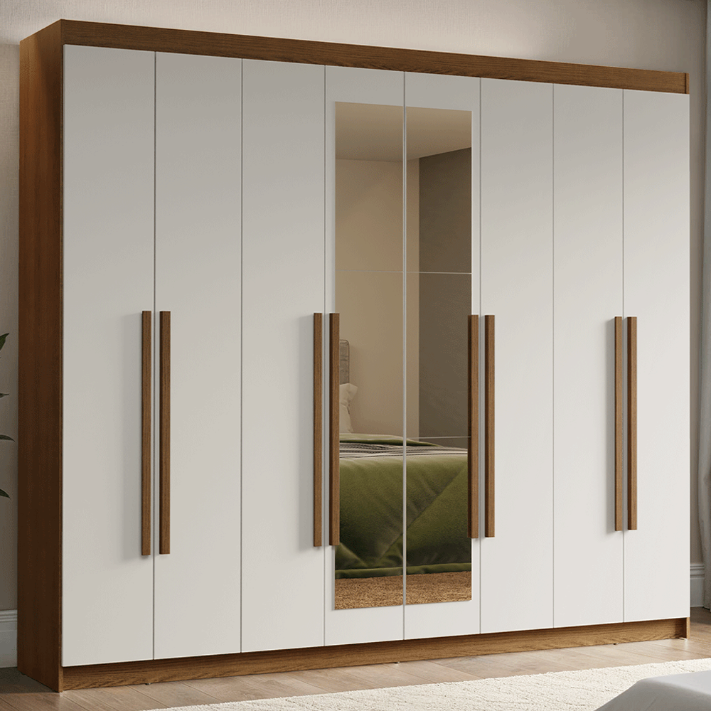 Guarda-Roupa Casal 8 Portas Batentes com Espelho Rustic/Branco