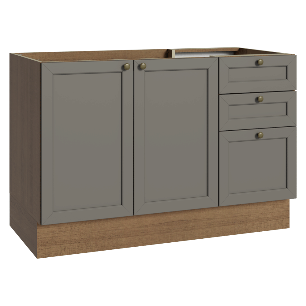 Balcão de Pia 120 x 60 cm 2 Portas 3 Gavetas (Sem Tampo) Rustic
