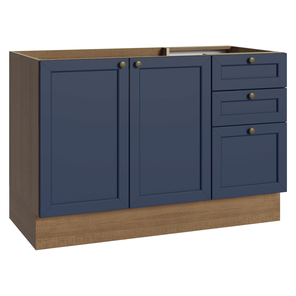Balcão de Pia 120 cm 2 Portas 3 Gavetas (Sem Tampo) Rustic/Azul