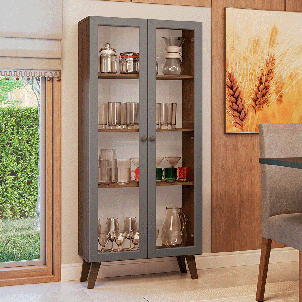 Cristaleira 70 cm 2 Portas de Vidro com Pés Trapézio Rustic/Cinza
