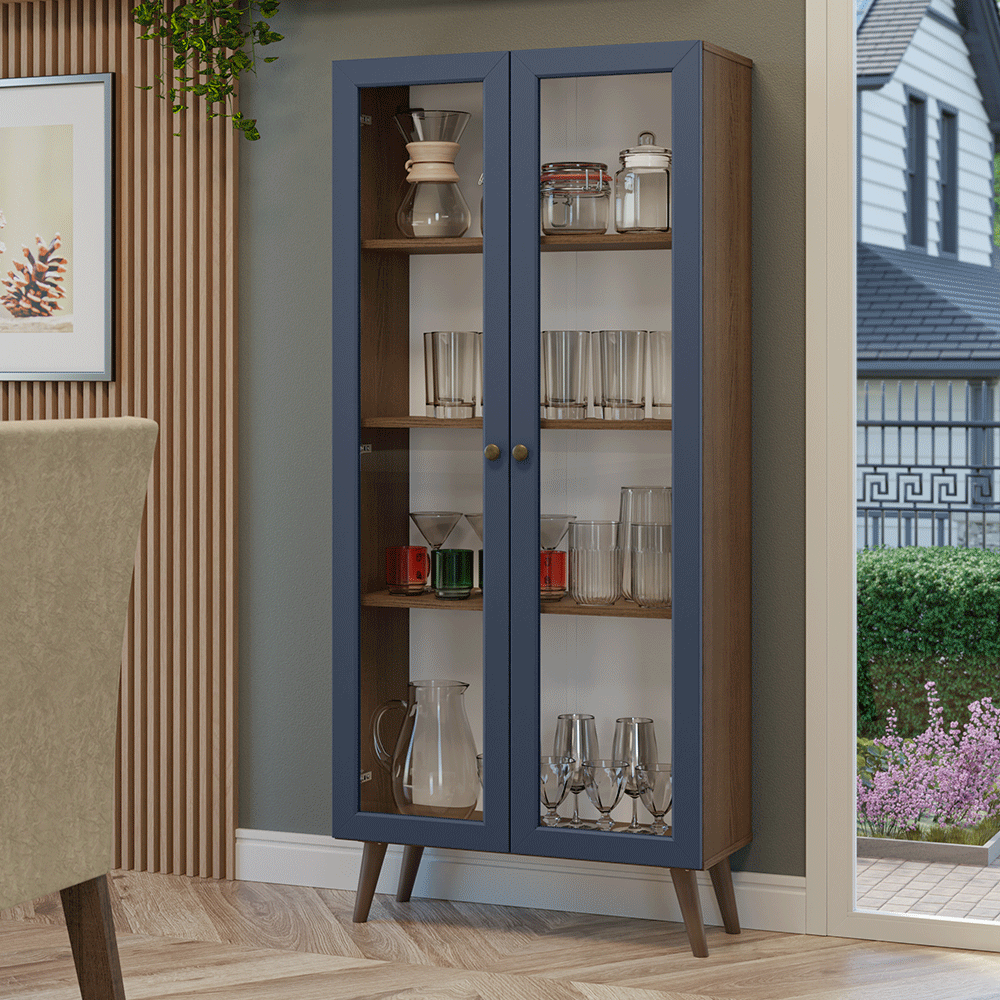 Cristaleira 70 cm 2 Portas de Vidro com Pés Cônicos Rustic/Azul