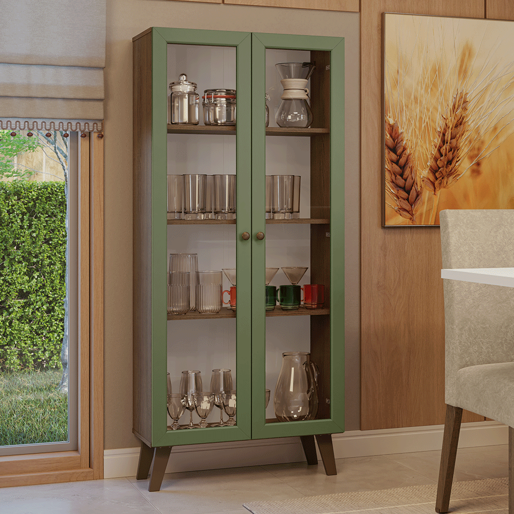 Cristaleira 70 cm 2 Portas de Vidro com Pés Trapézio Rustic/Verde