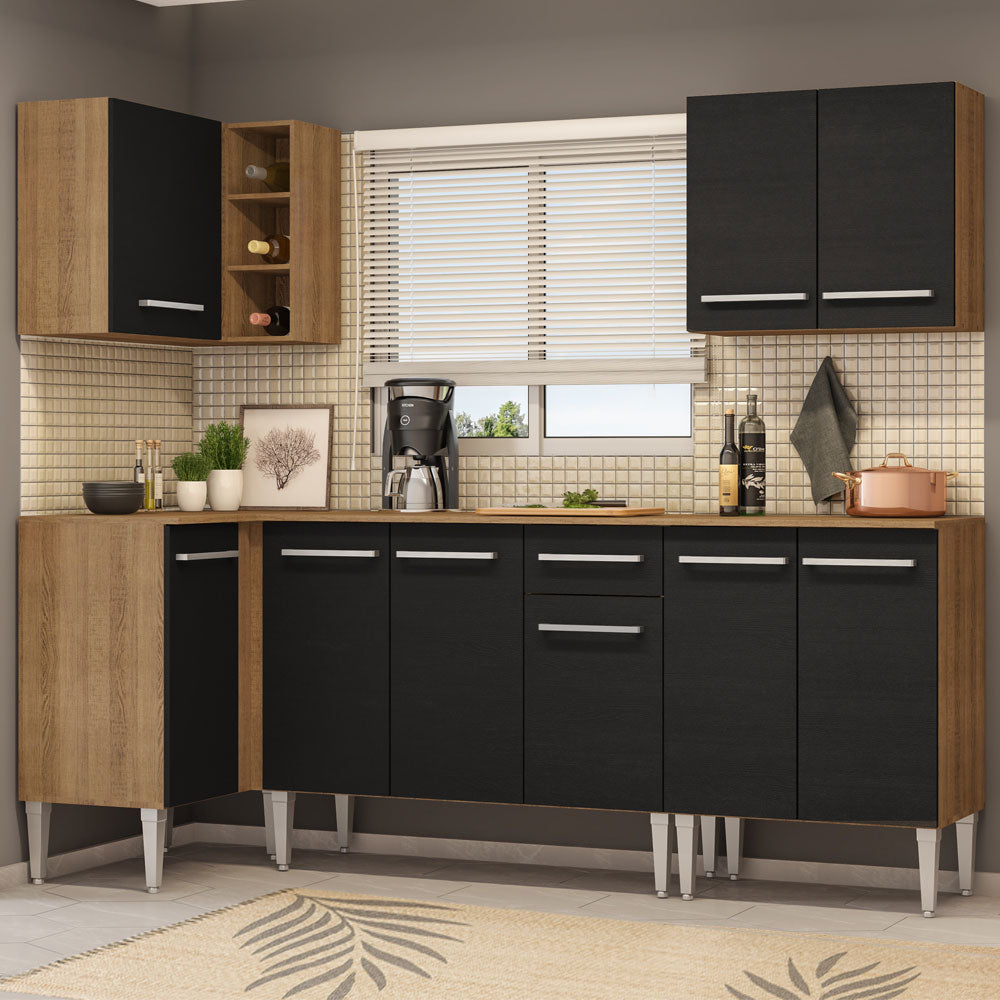 Armário de Cozinha Completa de Canto 293cm Rustic/Preto Emilly