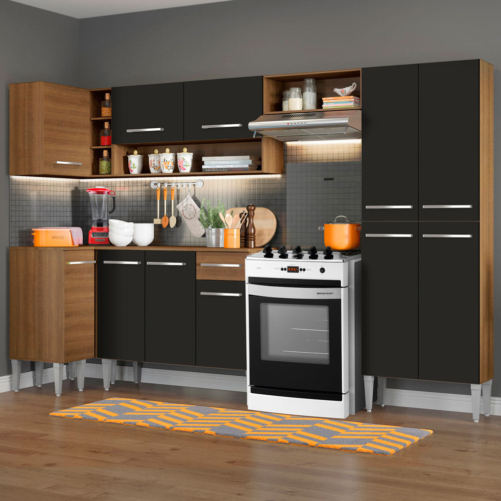 Armário de Cozinha Completa de Canto 353cm Rustic/Preto Emilly Sun