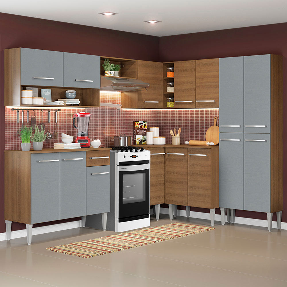 Armário de Cozinha Completa de Canto 417cm Rustic/Cinza Emilly Ice