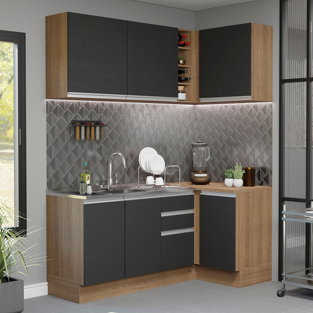 Armário de Cozinha Compacta de Canto 269cm Rustic/Preto Glamy