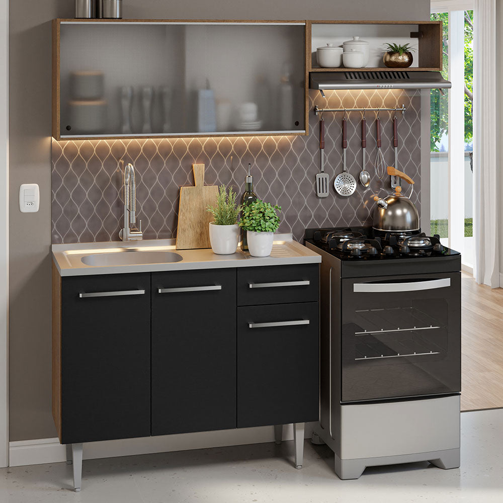 Armário de Cozinha Compacta 165cm com Pia Rustic/Preto Emilly