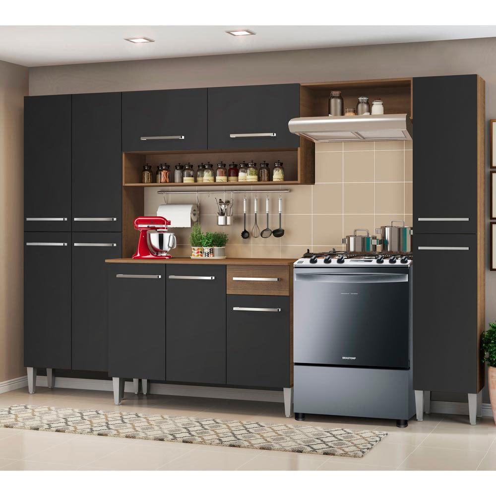 Armário de Cozinha Completa 261cm Rustic/Preto/Preto Emilly Hit