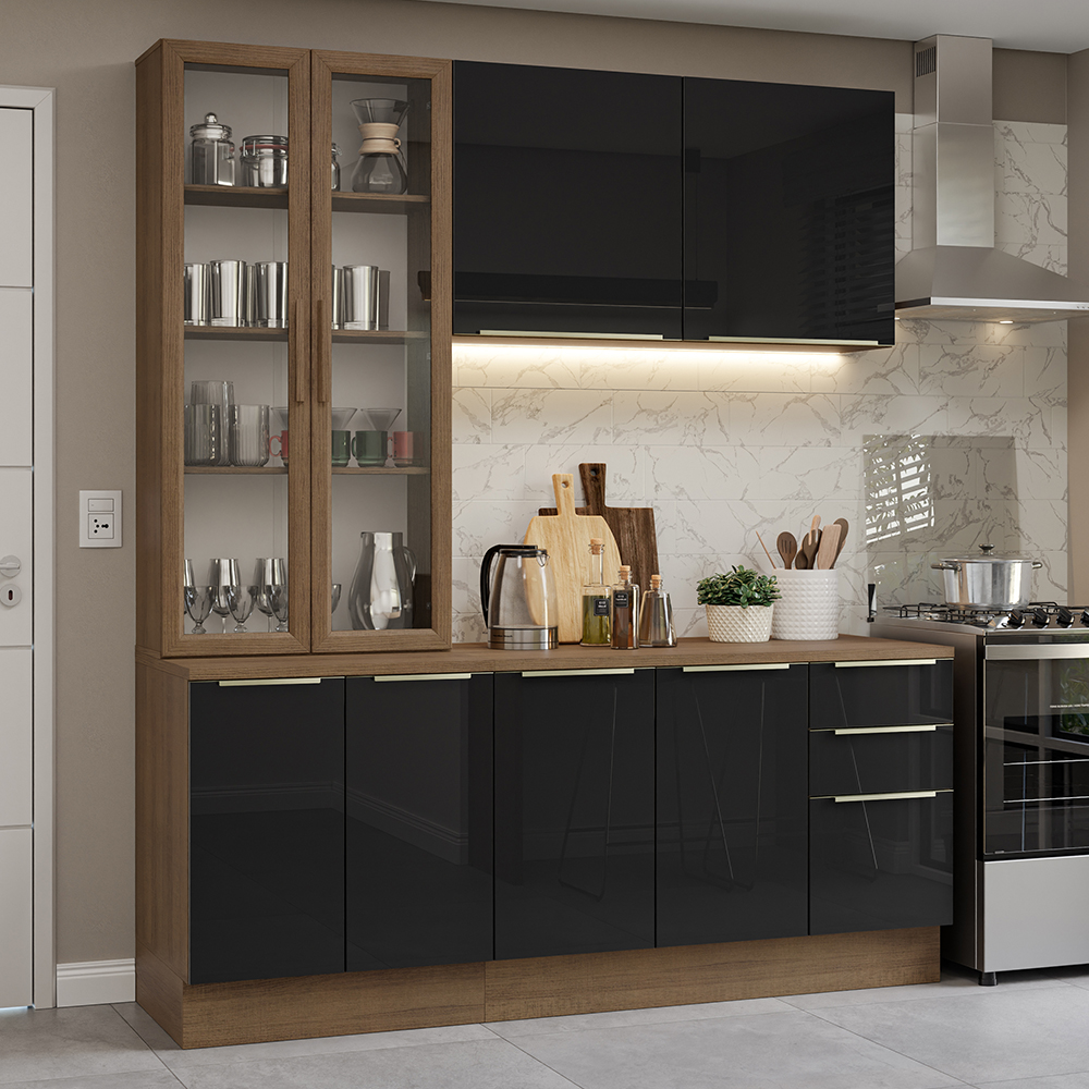 Armário de Cozinha Compacta 190cm Rustic/Preto Lux Madesa 02
