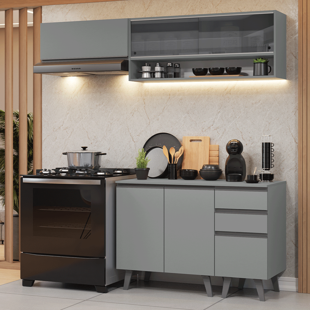 Armário de Cozinha Compacta 200cm Cinza Nice Madesa 14