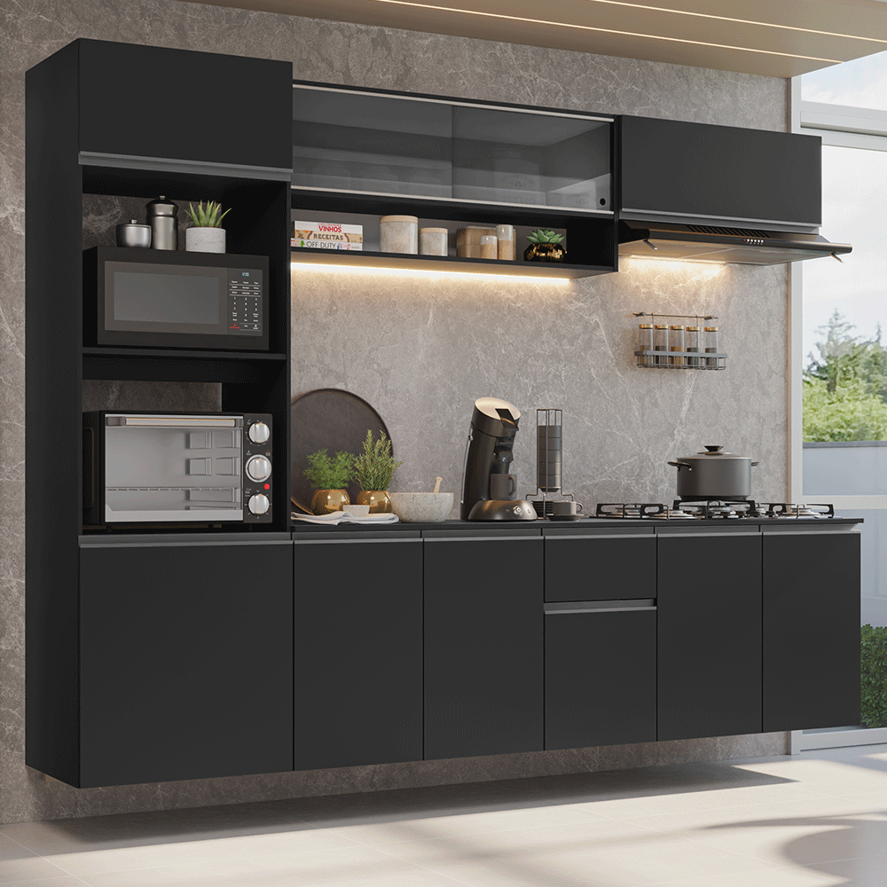 荘厳なるブレイズファント PREMIUM BLACK Ver. Armário de Cozinha Completa 260 cm Suspenso Preto Nice Madesa 014