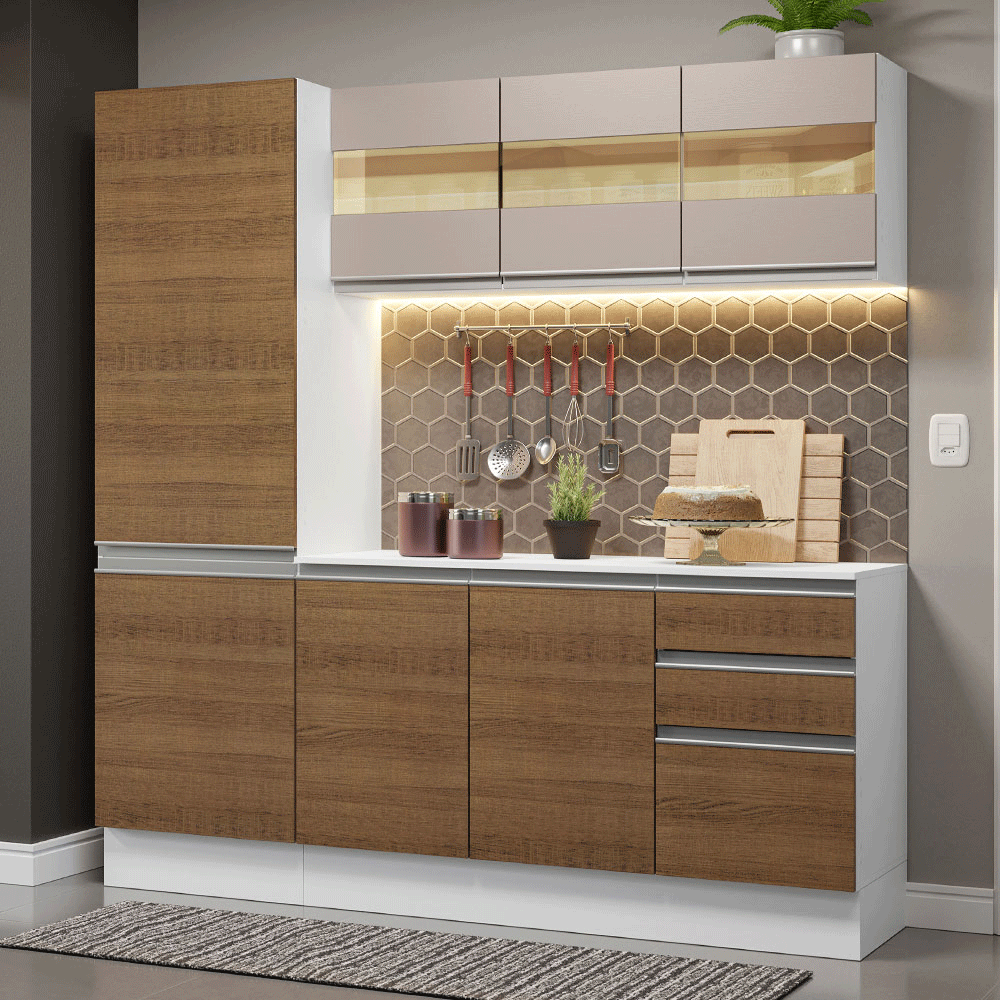 Armário de Cozinha Compacta 100% MDF 170 cm Branco/Rustic/Crema