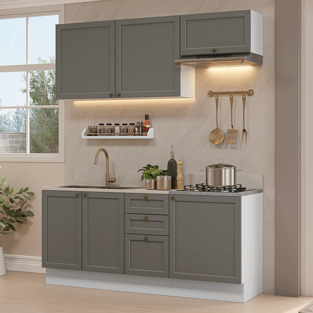 Armário de Cozinha Compacta 180 cm Branco/Cinza Vik Madesa 01