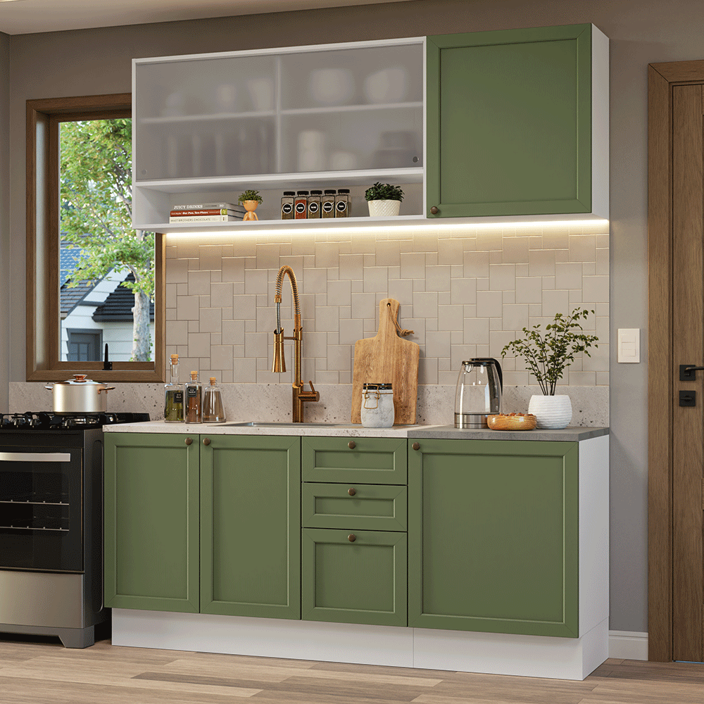Armário de Cozinha Compacta 180 cm Branco/Verde Vik Madesa 03
