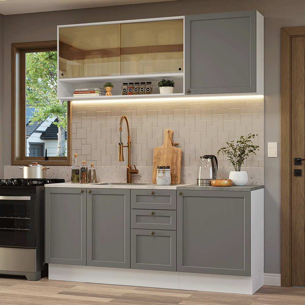 Armário de Cozinha Compacta 180 cm Branco/Cinza Vik Madesa 04