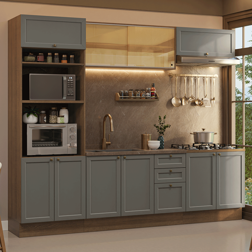 Armário de Cozinha Completa 270 cm Rustic/Cinza Vik Madesa 02