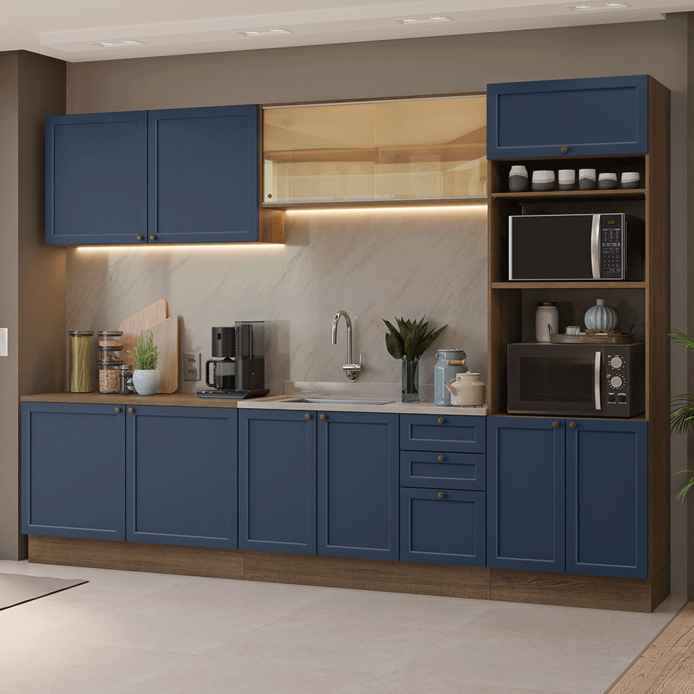 Armário de Cozinha Completa 310 cm Rustic/Azul Vik Madesa 01