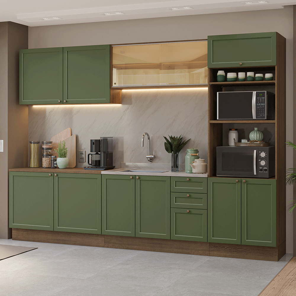 Armário de Cozinha Completa 310 cm Rustic/Verde Vik Madesa 01 Armário de Cozinha Completa 310 cm Rustic/Verde Vik Madesa 01