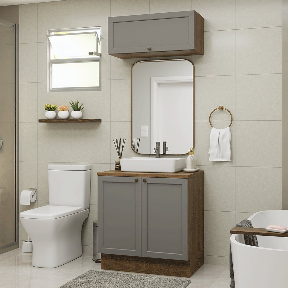 Conjunto Gabinete para Banheiro 80cm 3 Portas Rustic/Cinza Vik