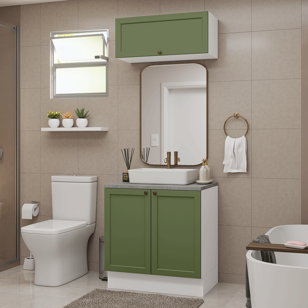 BEWITH R-107S 2台セット Conjunto Gabinete para Banheiro 80cm 3 Portas Branco/Verde Vik