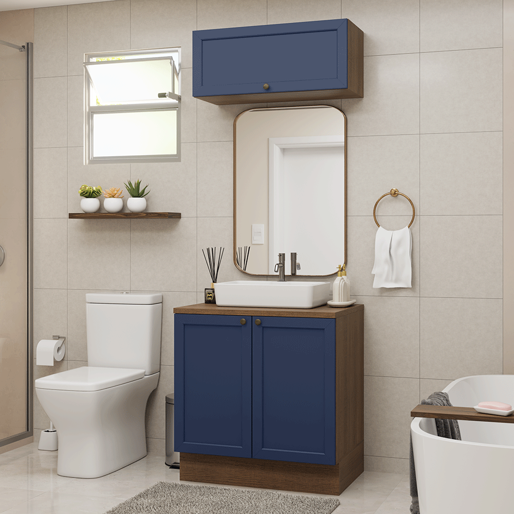 BEWITH R-107S 2台セット Conjunto Gabinete para Banheiro 80cm 3 Portas Rustic/Azul Vik