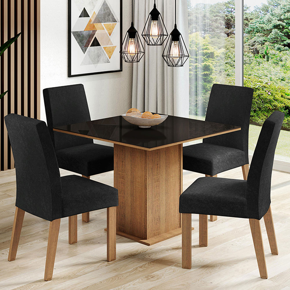 Conjunto Sala de Jantar Mesa Tampo de Vidro 4 Cadeiras Rustic