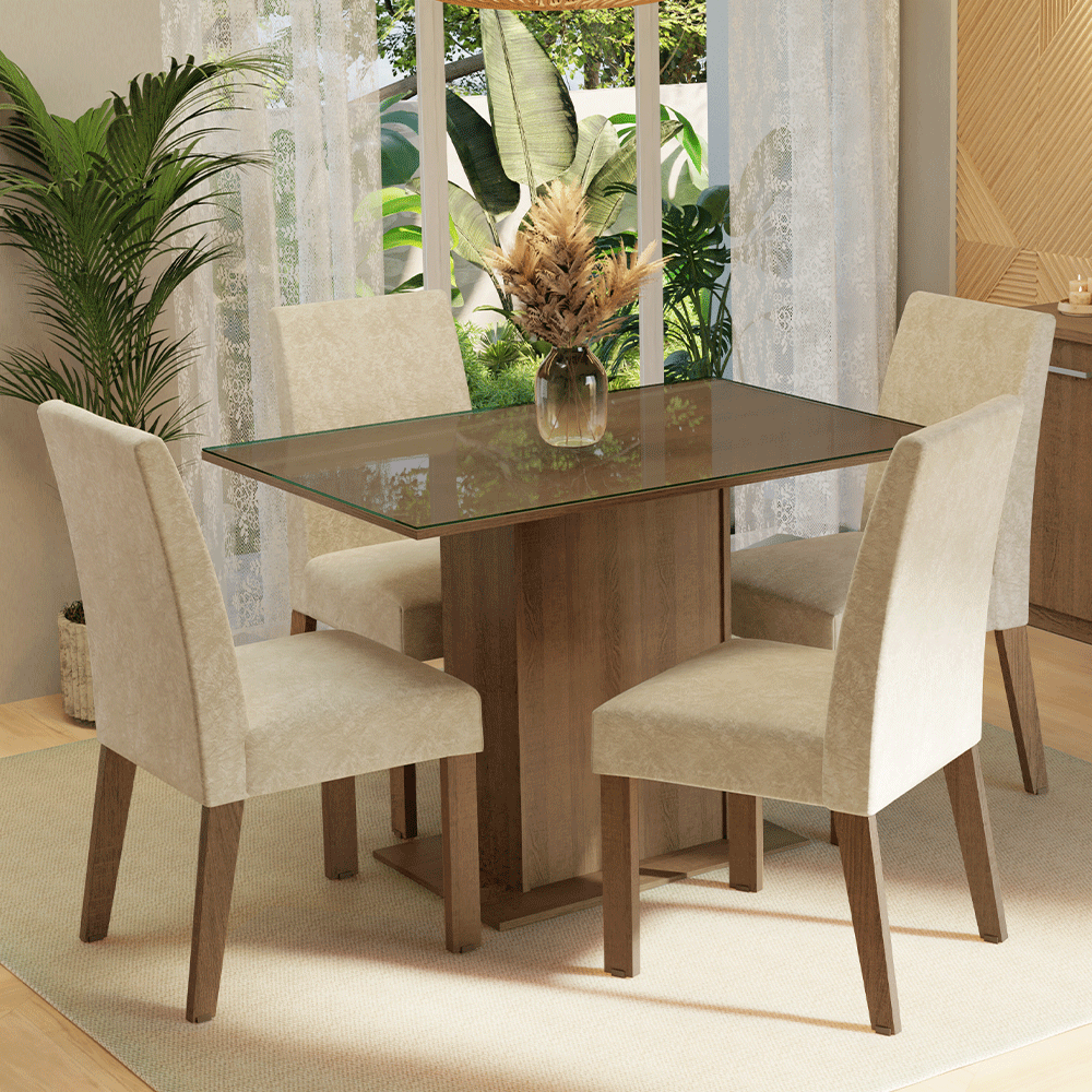 Conjunto Sala de Jantar Mesa Tampo de Vidro 4 Cadeiras Rustic