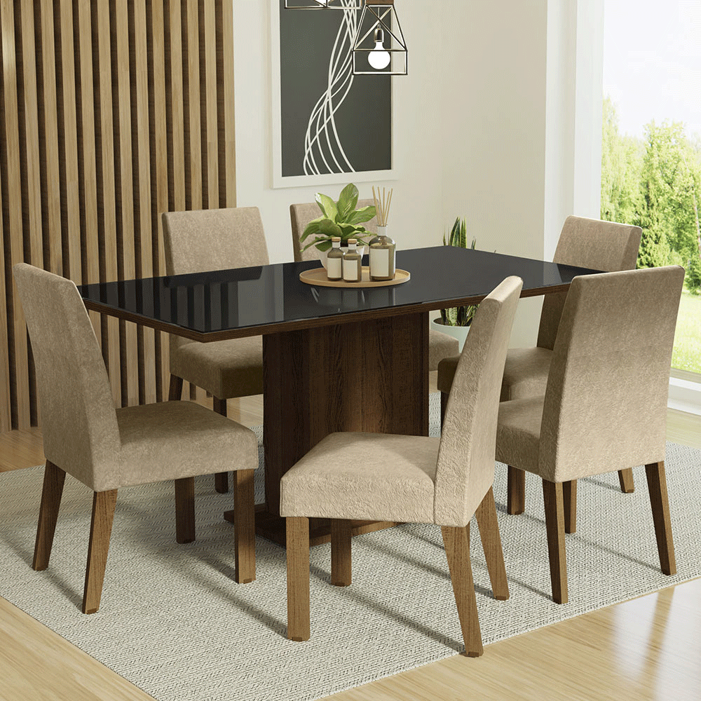 Conjunto Sala de Jantar Mesa Tampo de Vidro 6 Cadeiras Rustic