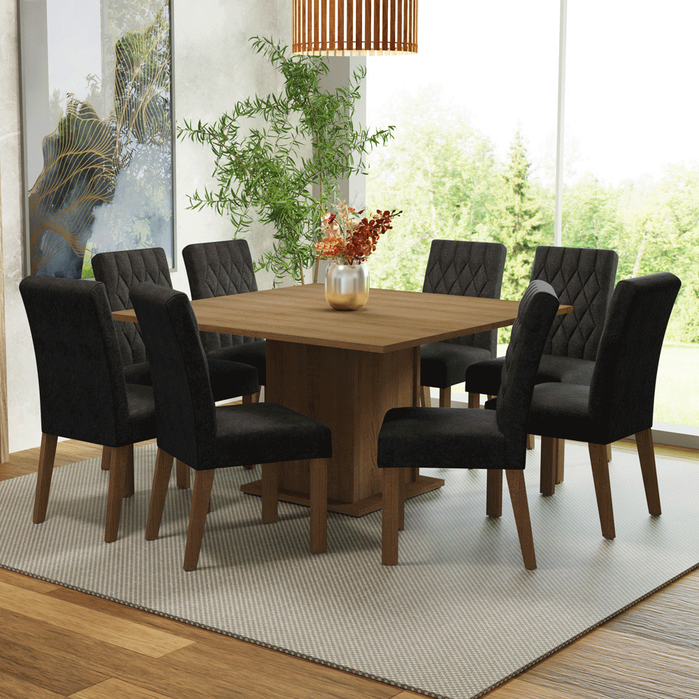 Conjunto Sala de Jantar Mesa Tampo de Madeira 8 Cadeiras Rustic