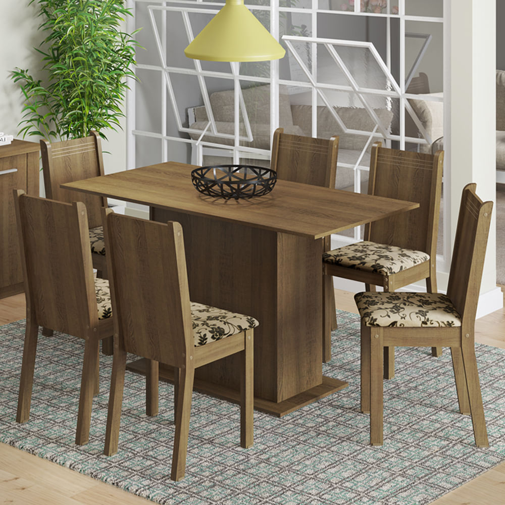 Conjunto Sala de Jantar Celeny Mesa Tampo de Madeira com 6 Cadeiras Rustic/Bege Marrom | Madesa Móveis - lojamadesa