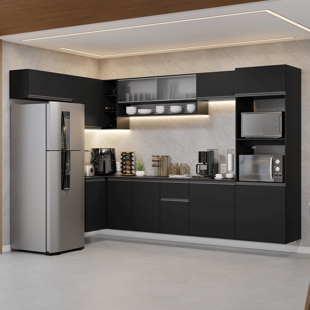 Armário de Cozinha Completa de Canto Suspenso 465 cm Preto Nice Madesa 02