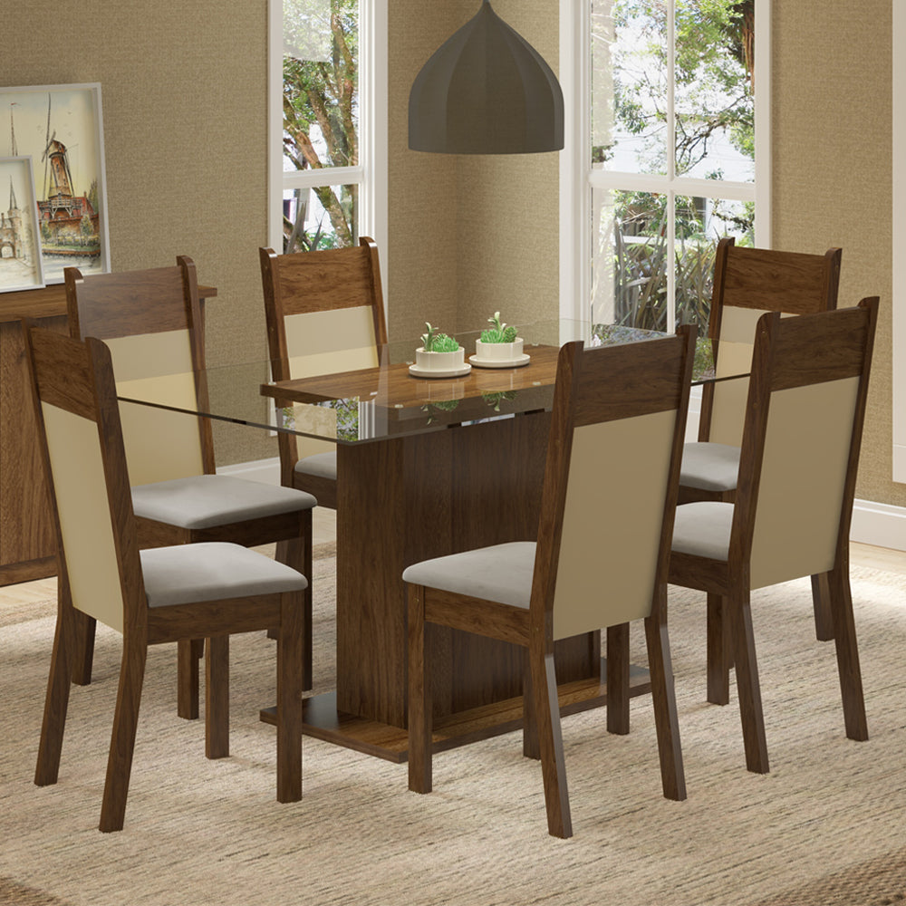 Conjunto Sala de Jantar Madesa Atlanta Mesa Tampo de Vidro com 6 Cadeiras Rustic/Crema/Sintético Bege