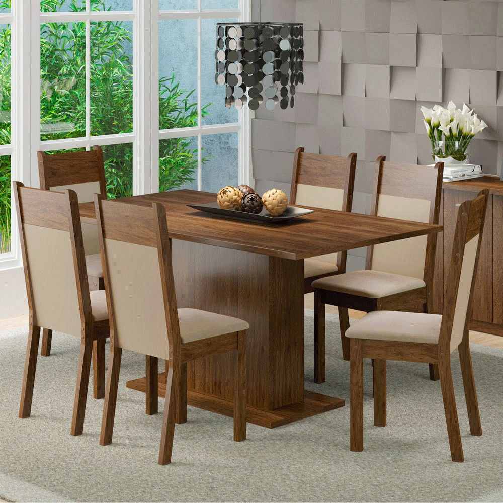 Conjunto Sala de Jantar Lousiana Madesa Mesa Tampo de Madeira com 6 Cadeiras Rustic/Crema/Sintético Bege