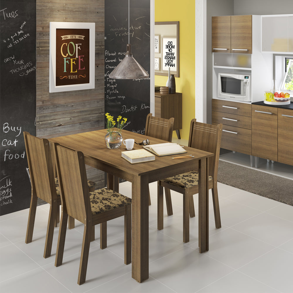Conjunto Sala de Jantar Rosie Madesa Mesa Tampo de Madeira com 4 Cadeiras Rustic/Floral Bege Marrom