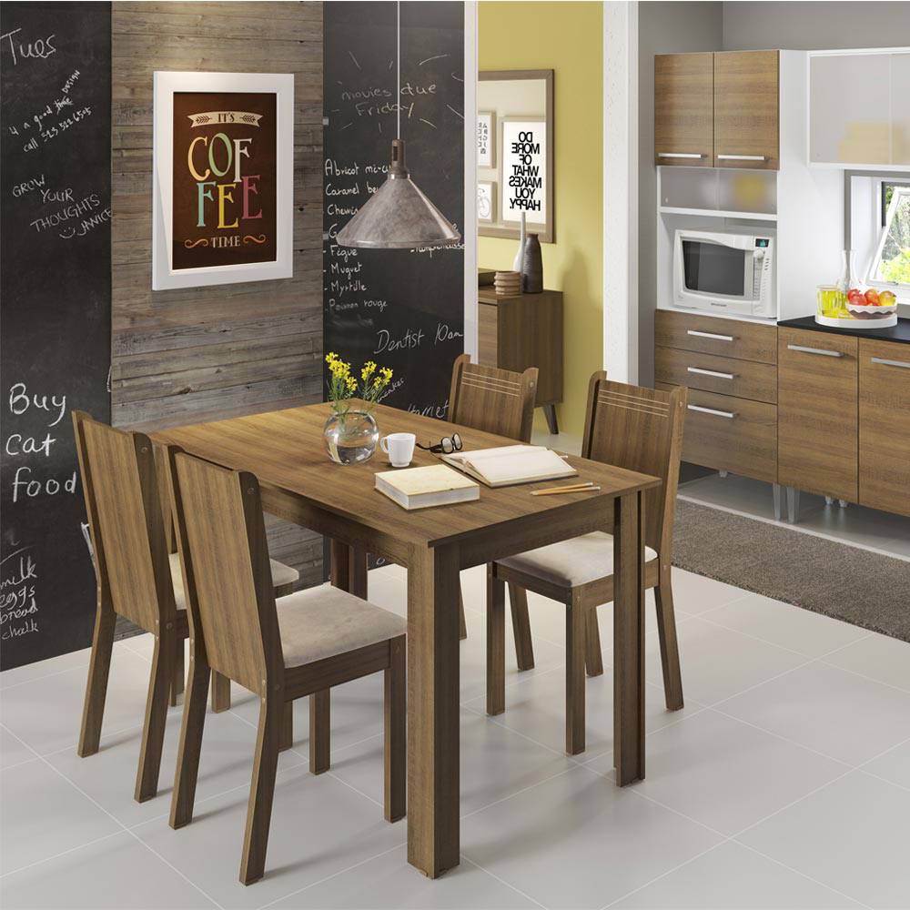 Conjunto Sala de Jantar Rosie Madesa Mesa Tampo de Madeira com 4 Cadeiras Rustic/Sintético Bege