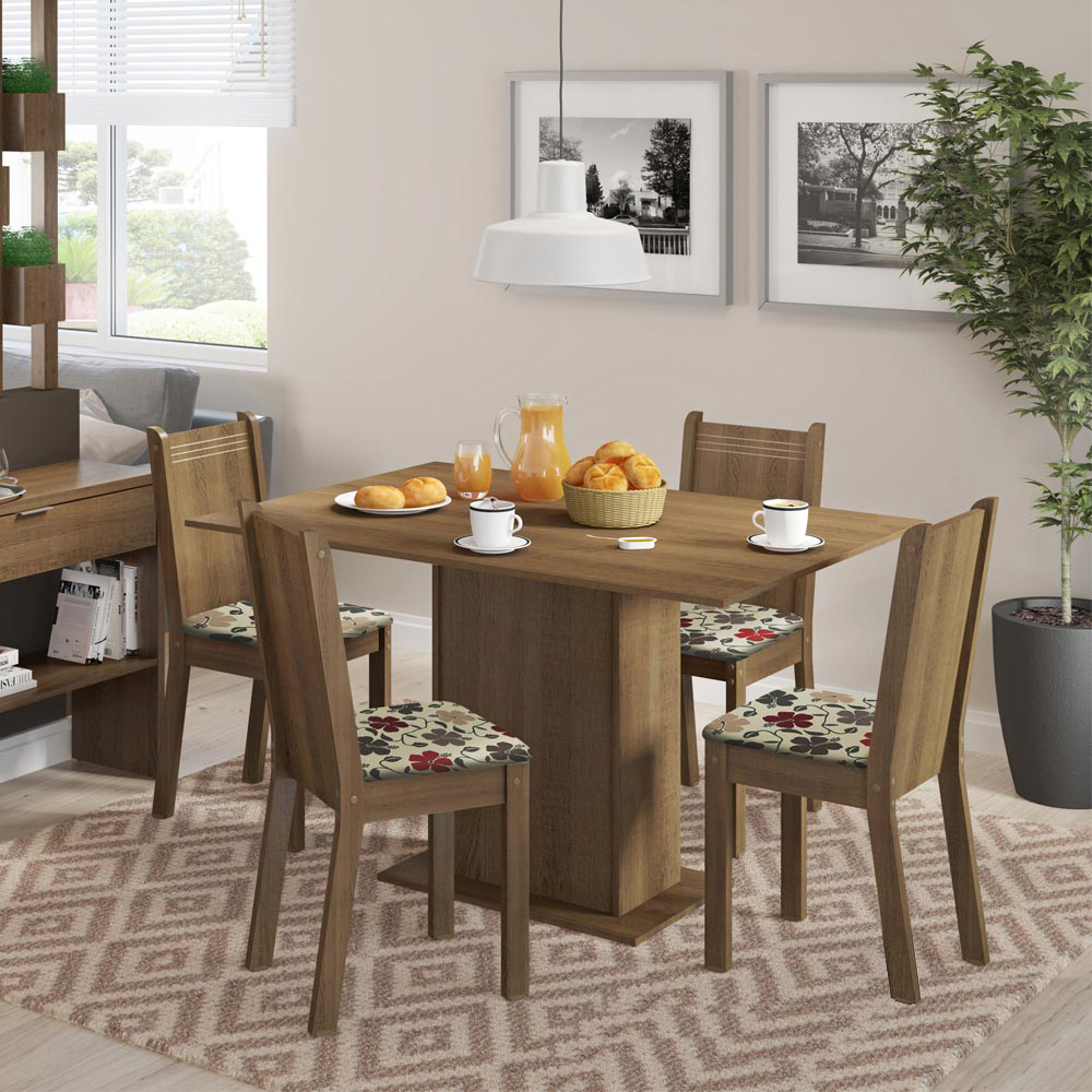 Conjunto Sala de Jantar Lexy Madesa Mesa Tampo de Madeira com 4 Cadeiras Rustic/Floral Hibiscos