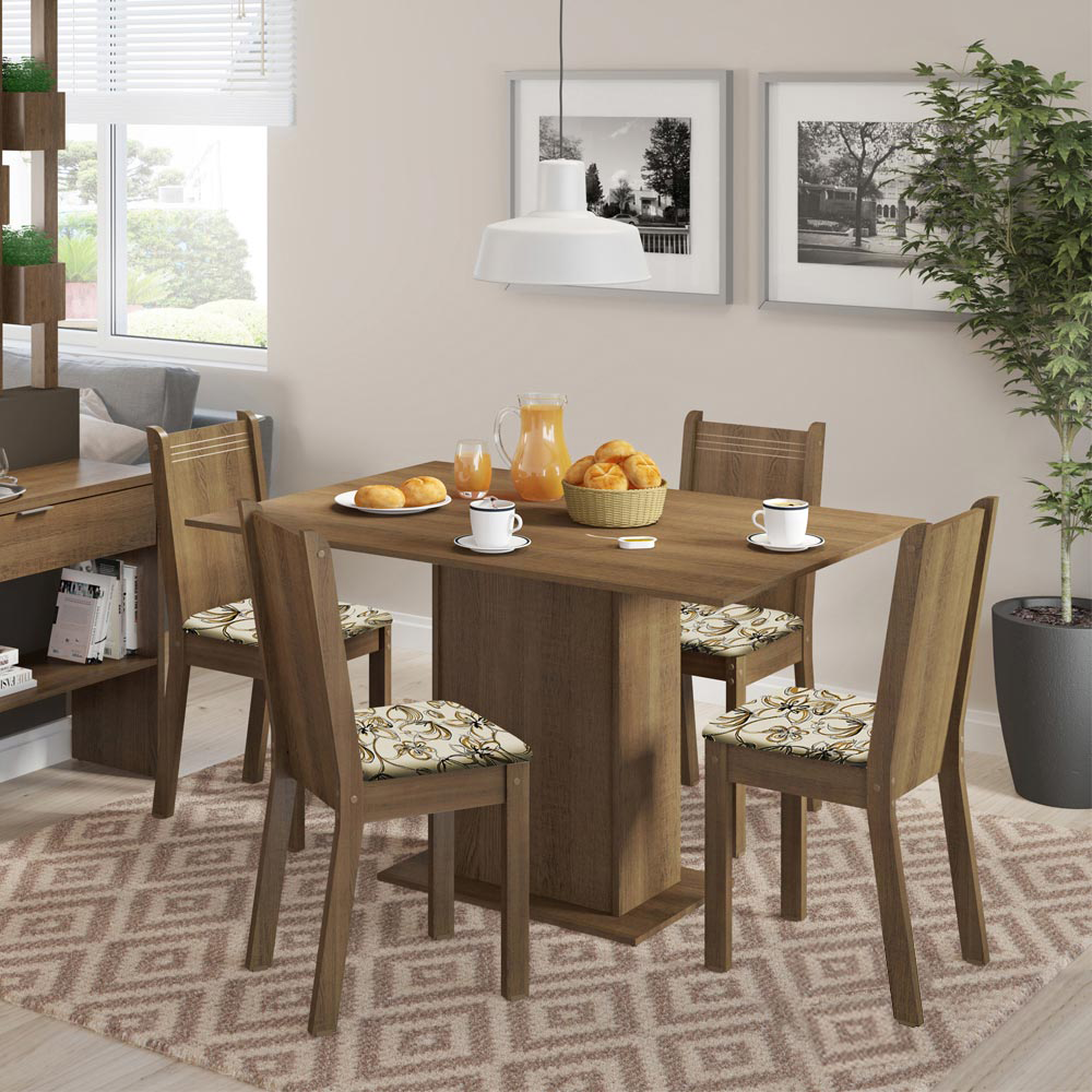 Conjunto Sala de Jantar Lexy Madesa Mesa Tampo de Madeira com 4 Cadeiras Rustic/Floral Lírio Bege