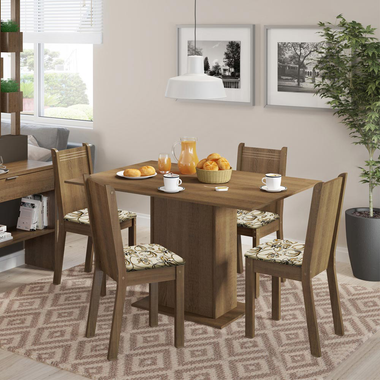 Conjunto Sala de Jantar Lexy Madesa Mesa Tampo de Madeira com 4 Cadeiras Rustic/Floral Lírio Bege