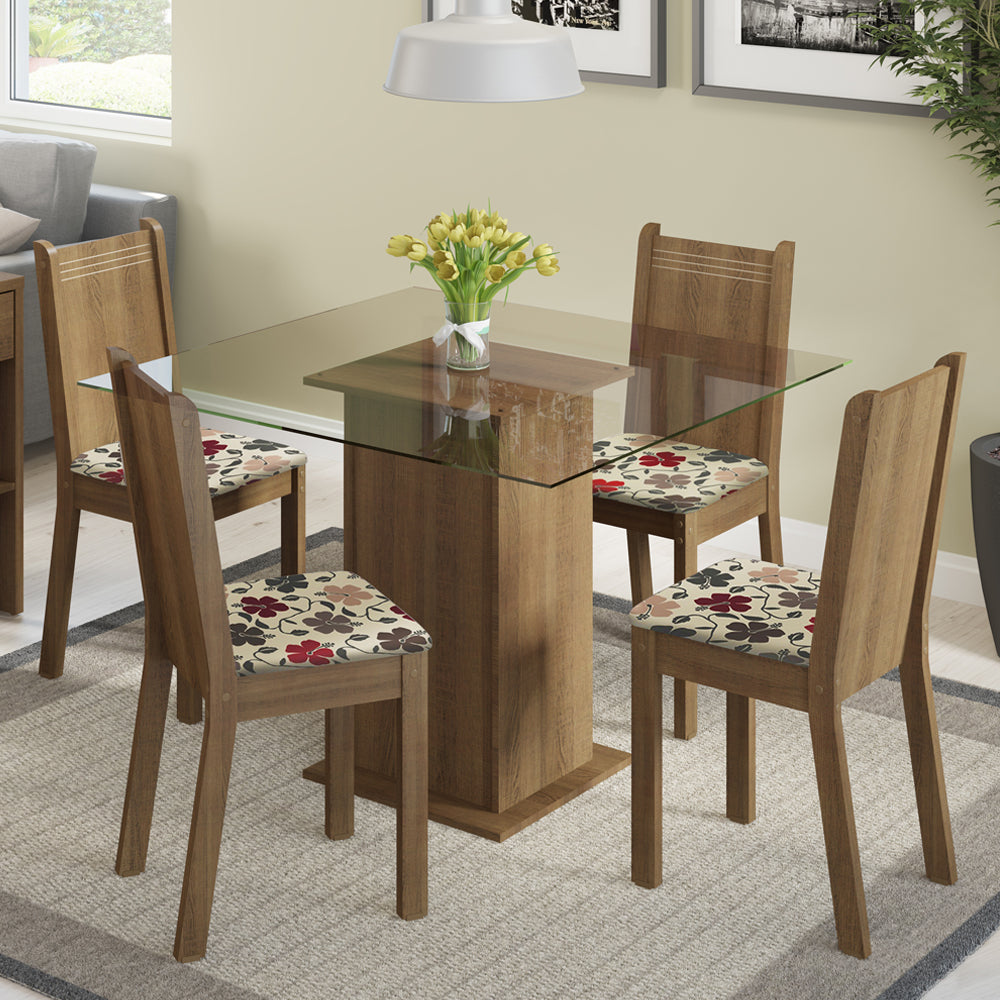 Conjunto Sala de Jantar Madesa Magda Mesa Tampo de Vidro com 4 Cadeiras Rustic/Floral Hibiscos