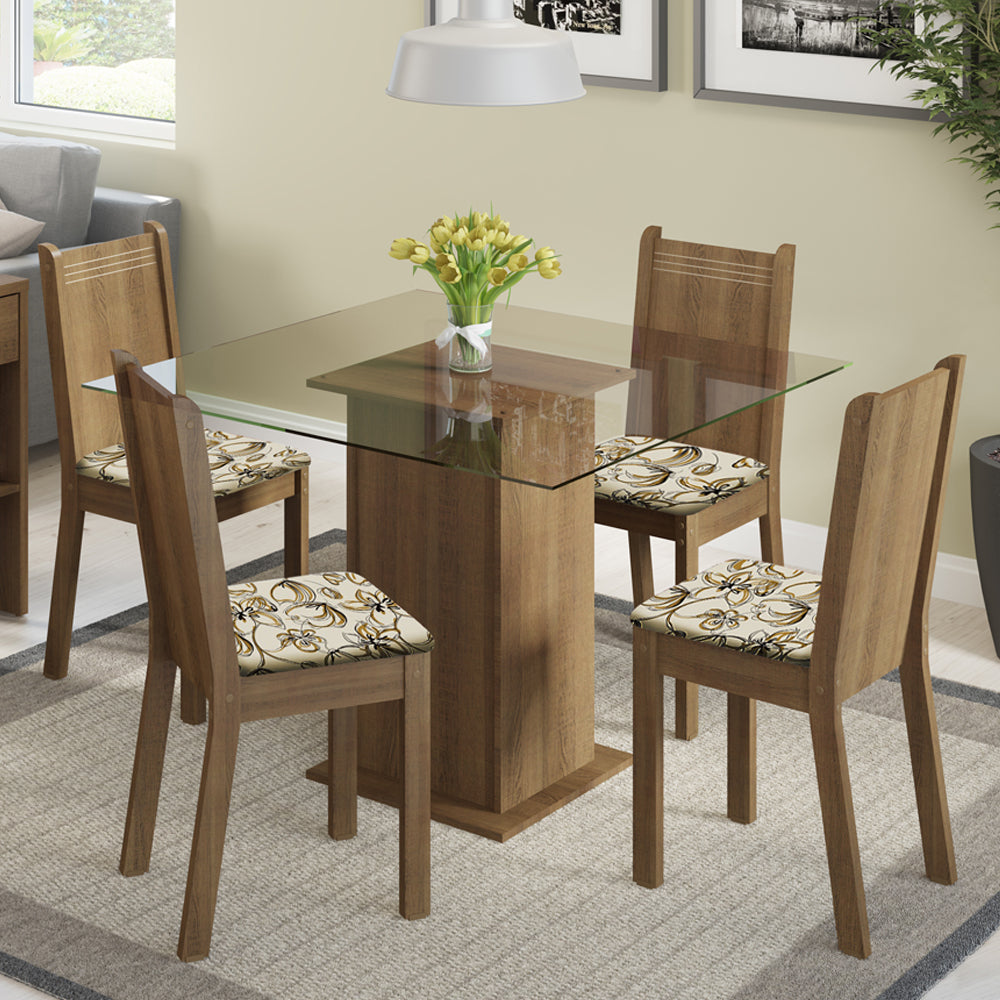Conjunto Sala de Jantar Madesa Magda Mesa Tampo de Vidro com 4 Cadeiras Rustic/Lírio Bege
