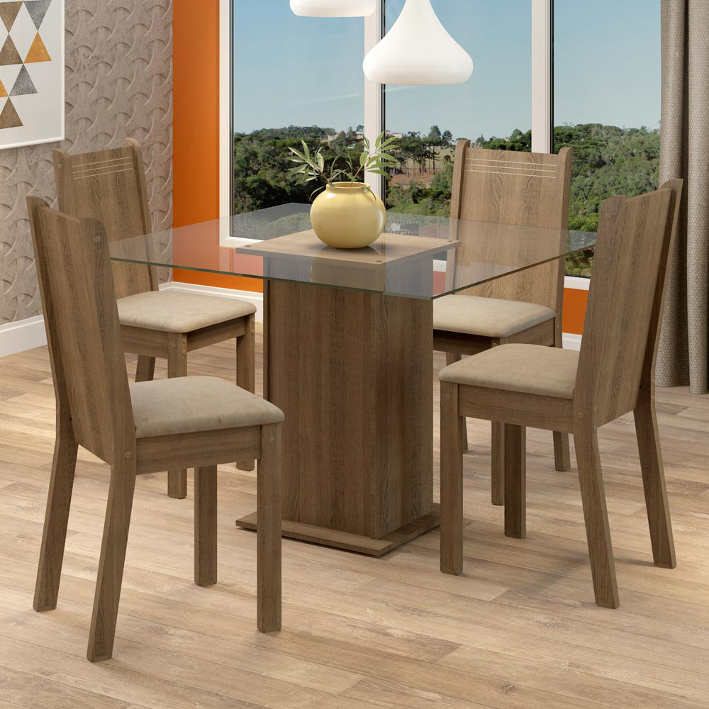 Conjunto Sala de Jantar Madesa Magda Mesa Tampo de Vidro com 4 Cadeiras Rustic/Sintético Bege