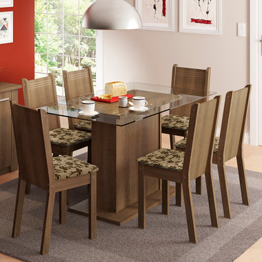 Conjunto Sala de Jantar Madesa Gales Mesa Tampo de Vidro com 6 Cadeiras Rustic/Bege Marrom
