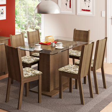Conjunto Sala de Jantar Madesa Gales Mesa Tampo de Vidro com 6 Cadeiras Rustic/Lírio Bege