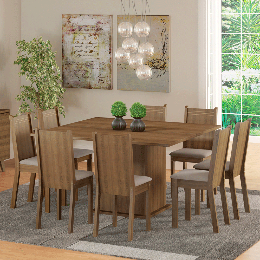 Conjunto Sala de Jantar Madesa Clarice Mesa Tampo de Madeira com 8 Cadeiras Rustic/Sintético Bege
