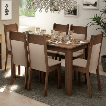 Conjunto Sala de Jantar Mesa Tampo de Madeira com 6 Cadeiras Rustic/Crema/Sintético Bege Jaíne Madesa