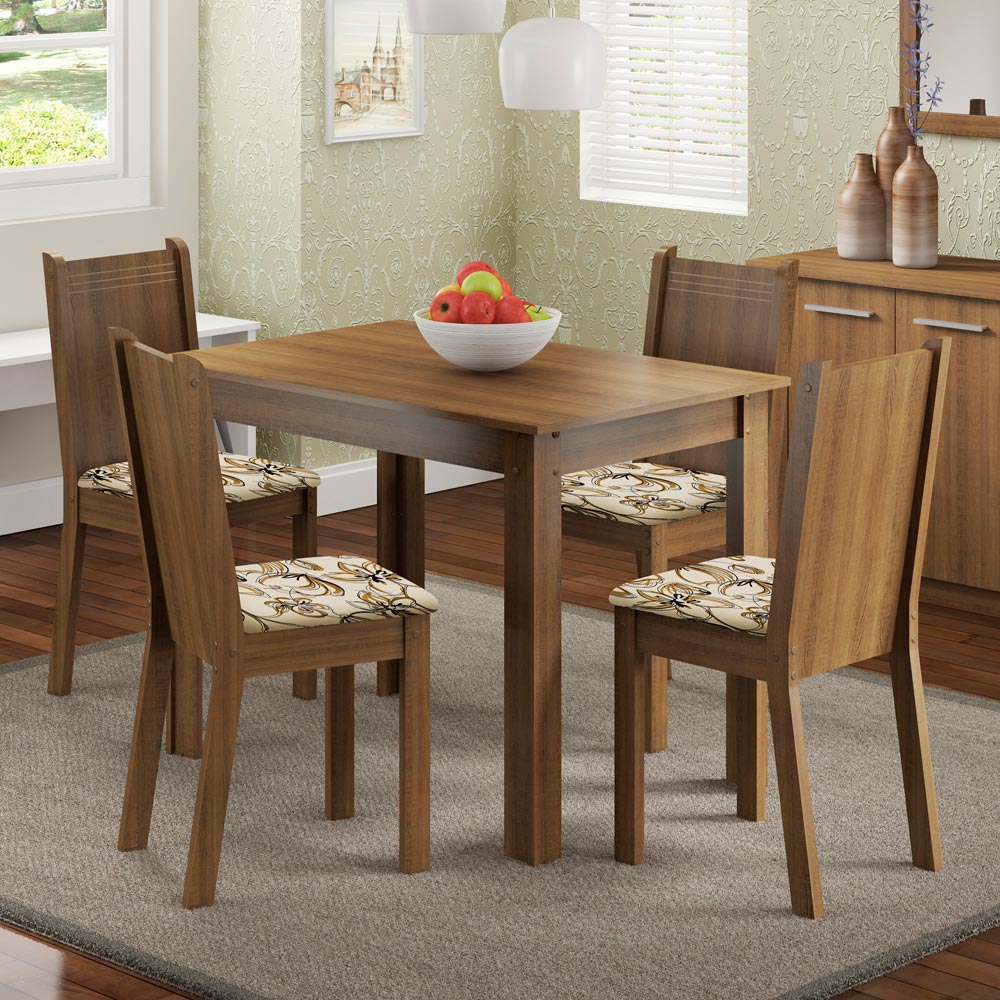 Conjunto Sala de Jantar Madesa Rute Mesa Tampo de Madeira com 4 Cadeiras Rustic/Lírio Bege