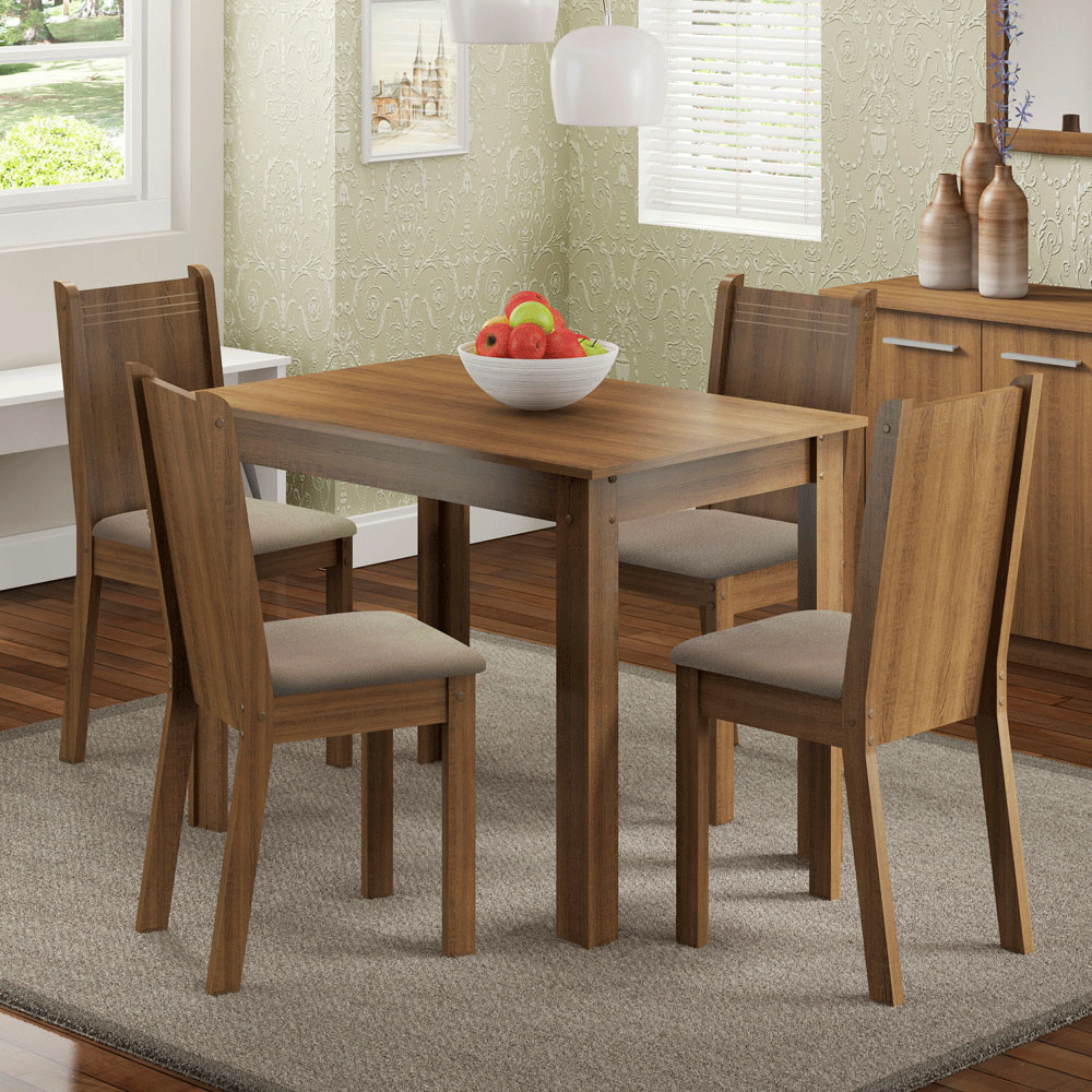 Conjunto Sala de Jantar Madesa Rute Mesa Tampo de Madeira com 4 Cadeiras Rustic/Sintético Bege