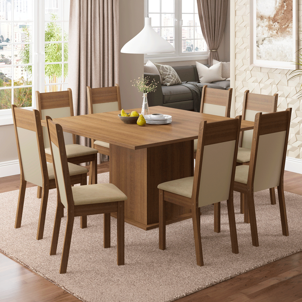 Conjunto Sala de Jantar Madesa Panamá Mesa Tampo de Madeira com 8 Cadeiras Rustic/Crema/Sintético Bege