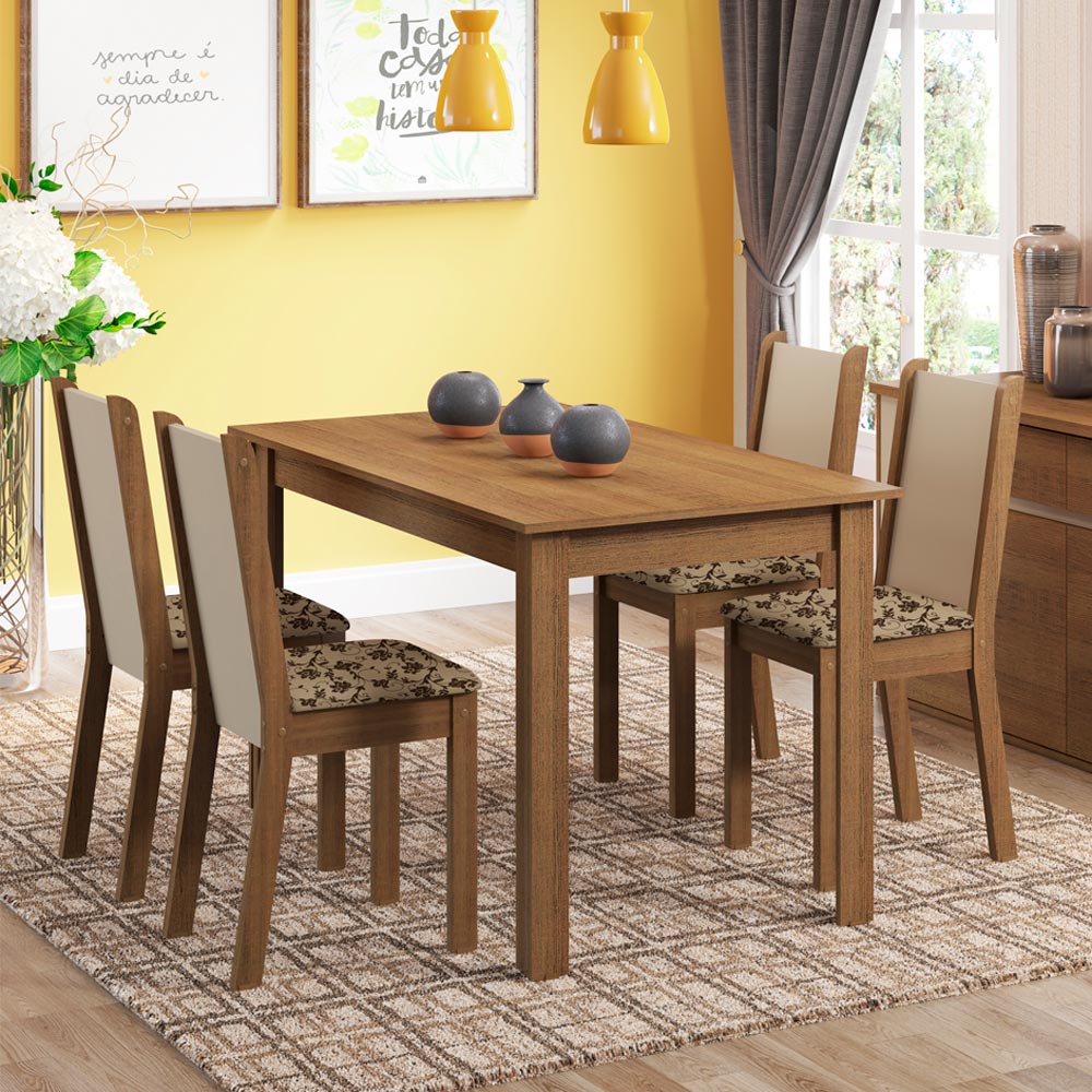 Conjunto Sala de Jantar Madesa Bea Mesa Tampo de Madeira com 4 Cadeiras Rustic/Crema/Bege Marrom